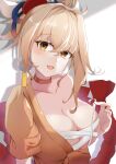  1girl :d absurdres asymmetrical_hair bangs blonde_hair blush breasts brown_eyes budget_sarashi chinese_commentary choker cleavage collarbone commentary_request earrings eyebrows_visible_through_hair fang genshin_impact hair_between_eyes highres jewelry large_breasts looking_at_viewer mr_sdorica open_clothes open_mouth ponytail red_choker sarashi short_ponytail short_sleeves simple_background single_bare_shoulder single_earring skin_fang smile upper_body white_background yoimiya_(genshin_impact) 