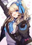  1girl :d arm_up ascot bag bandage_on_face bandages bangs black_gloves blonde_hair blue_ascot blue_bow blue_eyes bow coat commentary_request fingerless_gloves girls&#039;_frontline girls&#039;_frontline_2:_exilium gloves hair_bow headset heart highres holding holding_microphone kinsenka_momi long_hair microphone one_eye_closed open_mouth shoulder_bag side_ponytail smile solo sweater upper_body v vepley_(girls&#039;_frontline_2) 