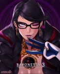  1girl absurdres bayonetta bayonetta_(series) bayonetta_3 black_hair braid close-up earrings english_commentary glasses gloves gun highres jewelry lipstick long_hair looking_at_viewer makeup mole mole_under_mouth multicolored_hair portrait red_hair ribbon sarukaiwolf simple_background smile solo streaked_hair twin_braids upper_body weapon 