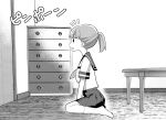  1girl chest_of_drawers commentary door from_side full_body greyscale monochrome no_shoes open_mouth original pleated_skirt ponytail sailor_collar school_uniform serafuku sitting skirt socks solo table tanaka_ahiru translated wariza 