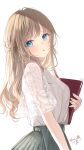  1girl artist_name bangs blonde_hair blue_eyes blush book commentary_request green_skirt head_tilt highres holding holding_book lace long_hair looking_at_viewer original parted_lips pleated_skirt puracotte shirt short_sleeves signature simple_background skirt solo standing white_background white_shirt 
