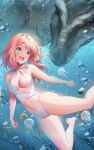  1girl :d air_bubble animal animal_request bare_arms bare_legs bare_shoulders barefoot blue_hair breasts bubble center_opening commentary day dinosaur fish hair_intakes highres jellyfish long_hair medium_breasts multicolored_hair navel one-piece_swimsuit original outdoors pink_hair purple_eyes rimuu smile solo swimsuit symbol-only_commentary teeth two-tone_hair underwater upper_teeth_only water white_one-piece_swimsuit 