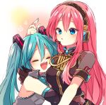  2girls :o aqua_hair aqua_nails armband bare_shoulders black_shirt black_skirt black_sleeves blue_eyes breasts closed_eyes commentary detached_sleeves gold_trim grey_shirt hair_ornament hairband hand_up hatsune_miku headphones highres hug kaho_0102 long_hair medium_breasts megurine_luka multiple_girls nail_polish open_mouth pink_hair shirt short_sleeves shoulder_tattoo skirt sleeveless sleeveless_shirt smile tattoo twintails upper_body very_long_hair vocaloid yuri 