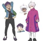  2boys ahoge alternate_skin_color arms_behind_head bag bede_(pokemon) black_footwear black_pants black_shirt blue_jacket bright_pupils coat commentary curly_hair dark-skinned_male dark_skin duffel_bag fur-trimmed_jacket fur_trim green_bag grin hands_in_pockets highres hop_(pokemon) jacket leggings looking_at_viewer male_focus multiple_boys open_clothes open_jacket pants pokemon pokemon_(game) pokemon_swsh purple_coat purple_hair rpp_pic shirt shoes short_hair sleeves_past_elbows smile standing teeth white_background white_hair white_legwear white_pupils yellow_eyes 