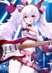  1girl :o animal_ears arm_up armpits artist_name ass_visible_through_thighs azur_lane bangs bare_shoulders black_choker blush bow breasts choker collarbone commentary_request cowboy_shot crop_top detached_sleeves electric_guitar eyebrows_behind_hair fake_animal_ears frills guitar hair_between_eyes hair_bow hairband headset highres holding holding_instrument idol instrument laffey_(azur_lane) laffey_(bunny_idol_@unmotivated)_(azur_lane) long_hair looking_at_viewer midriff navel nekoya_(liu) pantyhose partial_commentary pink_skirt plaid plaid_bow plaid_skirt pleated_skirt rabbit_ears red_eyes red_hairband ribbon_choker sidelocks single_strap skirt small_breasts solo stage_lights standing twintails twitter_username very_long_hair white_hair white_legwear white_sleeves 
