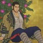  1boy ainu_clothes bandaged_leg bandages bara beard black_hair blue_pants bursting_pectorals buzz_cut chest_hair expressionless facial_hair feet_out_of_frame flower flower_request golden_kamuy highres japanese_clothes kimono large_pectorals long_sideburns male_focus muscular muscular_male nopinzo open_clothes open_kimono pants pectoral_cleavage pectorals purple_flower short_hair sideburns sitting solo tanigaki_genjirou very_short_hair 