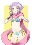  1girl belly bikini blue_bikini bracelet breasts ears flower hair_flower hair_ornament highres holding holding_microphone idolmaster idolmaster_million_live! jewelry legs looking_at_viewer makabe_mizuki microphone navel open_mouth pink_scarf purple_hair scarf short_hair side-tie_bikini sidelocks small_breasts solo string_bikini swimsuit thighs toro_(shiro) v-shaped_eyebrows white_background yellow_eyes 