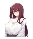  1girl 2poet arms_at_sides bangs blunt_bangs blush breasts closed_mouth dress dress_shirt eyebrows_visible_through_hair girls&#039;_frontline large_breasts long_hair long_sleeves looking_away loose_clothes loose_shirt purple_hair red_eyes shirt shirt_tucked_in side_ponytail sideways_glance simple_background solo upper_body wa2000_(girls&#039;_frontline) white_background white_shirt 