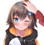  1girl 1other absurdres bangs black_hair black_hoodie blue_eyes blush fish_hair_ornament hair_between_eyes hair_ornament headpat highres hood hood_down hoodie long_sleeves maru_ccy multicolored_hair nijisanji nijisanji_en one_eye_closed orange_hair petra_gurin red_sleeves short_hair simple_background sleeves_past_fingers sleeves_past_wrists streaked_hair two-tone_hair upper_body virtual_youtuber white_background 