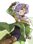  1girl antenna_hair bare_shoulders black_shorts boots breasts brown_footwear brown_gloves carimarica detached_collar dress fairy_wings fate/grand_order fate_(series) gloves green_dress hair_ribbon highres long_sleeves looking_at_viewer murian_(fate) off_shoulder open_mouth puffy_sleeves purple_eyes purple_hair ribbon short_hair shorts small_breasts smile solo thigh_boots thighs two_side_up wings yellow_ribbon 