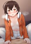  1boy 1girl bar_censor braid breasts brown_hair censored clothed_sex cowgirl_position girl_on_top hetero highres jacket kantai_collection long_hair long_sleeves navel onguuchi open_clothes open_jacket orange_eyes orange_jacket panties pantyhose penis pov sex single_braid small_breasts solo_focus souya_(kancolle) straddling thighband_pantyhose torn_clothes torn_legwear underwear vaginal white_legwear white_panties 