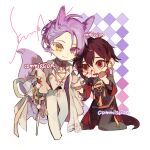  2boys animal_ears black_pants blood blood_on_face brown_hair chinese_commentary coat collared_shirt colored_eyelashes commentary_request commission crying crying_with_eyes_open deformed eyes_visible_through_hair gloves grey_shirt hair_between_eyes half_gloves heterochromia highres kuya_(nu_carnival) long_sleeves male_focus multiple_boys nosebleed nu_carnival off_shoulder open_clothes open_coat open_mouth pants purple_eyes purple_hair red_eyes sample_watermark shirt short_hair tail tassel tears tu_(7335608837) vest watermark white_coat white_pants white_vest wolf_boy wolf_ears wolf_tail yakumo_(nu_carnival) yellow_eyes 