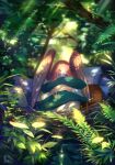  1girl absurdres aki_a0623 angel_wings dappled_sunlight feathers fern forest highres leaf nature original outdoors red_hair sunlight wings yellow_eyes 