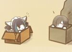  2girls animal_ears august_von_parseval_(azur_lane) azur_lane black_hair blue_hair box cat_ears cheshire_(azur_lane) chibi closed_eyes fake_animal_ears hair_over_one_eye in_box in_container koti long_hair maid_headdress multicolored_hair multiple_girls purple_hair simple_background streaked_hair two-tone_hair yellow_background 