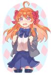  1girl ahoge black_legwear blush bow gekkan_shoujo_nozaki-kun hair_bow highres kanyoko_(yuzukano_17) long_hair looking_at_viewer open_mouth orange_hair pleated_skirt polka_dot polka_dot_bow purple_eyes rouman_academy_uniform sakura_chiyo school_uniform skirt solo thighhighs 