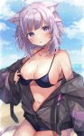  1girl animal_ear_fluff animal_ears bangs bare_shoulders bikini black_bikini black_jacket blue_sky blurry blurry_background breasts cat_ears cat_tail cloud day dot_nose eyebrows_visible_through_hair hand_up hololive jacket large_breasts long_sleeves looking_at_viewer navel nekomata_okayu open_clothes open_jacket outdoors parted_lips purple_eyes purple_hair sky sleeves_past_wrists solo sorashima_(117) swimsuit tail underboob virtual_youtuber wet wide_sleeves zipper_pull_tab 