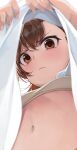  1girl blush bra brown_bra brown_eyes brown_hair closed_mouth clothes_lift commentary_request eyebrows_visible_through_hair flat_chest from_below highres hiroki_(yyqw7151) lifted_by_self misaka_mikoto navel scowl shirt_lift solo toaru_kagaku_no_railgun toaru_majutsu_no_index underwear upper_body upshirt v-shaped_eyebrows 