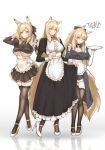  3girls absurdres alternate_costume animal_ear_fluff animal_ears arknights artist_name aunt_and_niece black_bow black_dress black_legwear blemishine_(arknights) blonde_hair blue_eyes bow breasts cleavage_cutout clothes_lift clothing_cutout commentary dress dress_lift elbow_gloves enmaided full_body gloves hair_bow high_heels highres holding holding_tray horse_ears horse_girl horse_tail large_breasts long_hair looking_at_viewer maid multiple_girls nearl_(arknights) reflection siblings sidelocks sisters skindentation smile standing tail thick_eyebrows thighhighs tierla tray underboob very_long_hair whislash_(arknights) white_footwear white_gloves white_wristband yellow_eyes zettai_ryouiki 