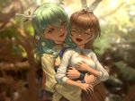  2girls antlers bangs blurry breasts brown_hair ceres_fauna cleavage cleavage_cutout closed_eyes clothing_cutout depth_of_field earrings feather_hair_ornament feathers green_hair hair_ornament hololive hololive_english hug hug_from_behind infi jewelry medium_breasts medium_hair multiple_girls nanashi_mumei nature open_mouth ponytail smile virtual_youtuber wavy_hair wristband yellow_eyes 