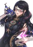  1girl absurdres bangs bayonetta bayonetta_(series) bayonetta_3 black_bodysuit black_hair bodysuit braid breasts commentary_request detached_sleeves dual_wielding elbow_gloves eyeliner eyeshadow glasses gloves gonzarez grey_eyes gun hand_on_hip handgun highres holding lips lipstick long_hair makeup mole mole_under_mouth multicolored_hair one_eye_closed pistol red_hair solo streaked_hair swept_bangs tongue tongue_out twin_braids weapon 