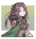  1girl brown_hair buttons commentary_request drag-on_dragoon drag-on_dragoon_3 facial_mark forehead_mark four_(drag-on_dragoon) fur_trim green_eyes green_jacket highres jacket long_hair miichinori roman_numeral smile solo two_side_up vest 