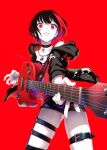  1girl aya_shachou bang_dream! belt black_choker black_hair black_jacket choker colored_skin commentary_request earrings electric_guitar fingernails foreshortening guitar highres holding holding_instrument hood hooded_jacket hoop_earrings instrument jacket jewelry looking_at_viewer mitake_ran multicolored_hair necklace perspective red_background red_eyes red_theme short_hair simple_background smile solo standing streaked_hair thigh_strap white_skin wide-eyed 