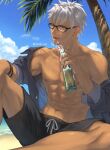  &gt;_o 1boy ;p abs alcohol archer_(fate) archer_(summer_casual)_(fate) bare_pectorals black_male_swimwear bottle cloud commentary dark-skinned_male dark_skin day fate/stay_night fate_(series) glasses grey_eyes grey_shirt highres holding holding_bottle looking_at_viewer male_focus male_swimwear mondi_hl navel nipples off_shoulder one_eye_closed open_clothes open_shirt outdoors pectorals shirt short_hair sitting sky solo summer symbol-only_commentary toned toned_male tongue tongue_out twitter_username white_hair wristband 