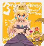  1boy 1girl :d anniversary armlet bare_shoulders black_collar black_dress black_nails blonde_hair blue_eyes border bowser_jr. bowsette bracelet breasts character_name cleavage collar covered_navel crossed_arms cup dress drinking_glass earrings english_text fangs fangs_out fingernails holding holding_cup horns jewelry large_breasts long_hair looking_at_viewer mario_(series) mother_and_son nail_polish new_super_mario_bros._u_deluxe notice_lines open_mouth outline outside_border pointy_ears red_hair sharp_fingernails sharp_teeth shisui signature skirt smile spiked_armlet spiked_bracelet spiked_collar spiked_tail spikes standing strapless strapless_dress super_crown tail teeth upper_teeth white_border white_outline yellow_background 