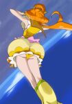  1girl ass bubble_skirt cure_papaya from_behind haruyama_kazunori ichinose_minori legs long_hair magical_girl orange_hair precure skirt sleeveless solo tropical-rouge!_precure yellow_skirt 