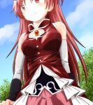  1girl bare_shoulders blue_sky blush cloud cloudy_sky commentary_request day detached_sleeves dress eyebrows_visible_through_hair from_below knives_(knives777) light_smile long_hair mahou_shoujo_madoka_magica outdoors pink_skirt pleated_skirt red_dress red_eyes red_hair sakura_kyouko skirt sky sleeveless sleeveless_dress solo very_long_hair white_skirt 