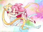  2girls :d ;) bishoujo_senshi_sailor_moon blonde_hair blue_eyes blue_legwear boots bow chibi_usa closed_mouth commentary double_bun dress earrings flower frilled_dress frills full_body gloves hair_flower hair_ornament hug jewelry knee_boots long_hair looking_at_viewer multiple_girls nightcat one_eye_closed open_mouth pink_eyes pink_footwear red_bow red_gloves red_shirt shirt smile teeth thighhighs tsukino_usagi twintails upper_teeth very_long_hair 