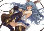  1girl animal_ears armpit_crease armpits backless_outfit bangs belt black_gloves blue_hair blue_skirt breasts earrings erune ferry_(granblue_fantasy) gloves granblue_fantasy holding holding_whip jewelry long_hair loose_belt open_mouth rabbit_ears single_earring skirt small_breasts solo wavy_hair whip yellow_eyes yude 