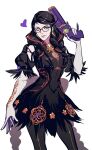  1girl bayonetta bayonetta_(series) bayonetta_3 black_hair braid byuub clothing_cutout earrings glasses gloves gun highres jewelry lipstick long_hair looking_at_viewer makeup mole mole_under_mouth multicolored_hair red_hair ribbon simple_background smile solo streaked_hair twin_braids weapon 