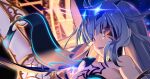  1girl bangs bare_shoulders body_markings breasts brown_eyes dragon_wings fairy_knight_lancelot_(fate) fate/grand_order fate_(series) hiroyama_hiroshi horns long_hair looking_at_viewer open_mouth sidelocks small_breasts solo weapon white_hair wings 