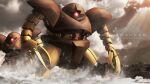 3d beam_cannon claws cloud english_text glowing glowing_eye gogg gundam highres light_rays mecha mecha_focus mobile_suit mobile_suit_gundam no_humans realistic robot roundel s.hasegawa science_fiction signature sunlight water zeon 