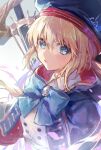  1girl artoria_pendragon_(caster)_(fate) artoria_pendragon_(fate) bangs belt beret black_gloves blonde_hair blue_cape blue_headwear blush breasts buttons cape double-breasted dress fate/grand_order fate_(series) gloves green_eyes hat holding holding_staff hood hooded_cape long_hair long_sleeves looking_at_viewer multicolored_cape multicolored_clothes red_cape small_breasts solo staff twintails vivi_(eve_no_hakoniwa) white_dress 