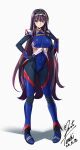  1girl absurdres black_hair black_hairband black_pantyhose blue_eyes blue_leotard blue_thighhighs code_geass code_geass:_lost_stories commentary_request commission full_body hairband hands_on_own_hips highleg highleg_leotard highres lace-trimmed_hairband lace_trim leotard long_hair long_sleeves looking_at_viewer maya_disel pantyhose pilot_suit pixiv_commission sidelocks simple_background solo thighhighs very_long_hair white_background yoo_tenchi 
