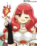  armor breastplate breasts celica_(fire_emblem) circlet earrings fingerless_gloves fire fire_emblem fire_emblem_echoes:_shadows_of_valentia fire_emblem_heroes flame gloves headband jewelry long_hair one_eye_closed priestess princess red_eyes red_hair shoulders snapping_fingers tiara yukia_(firstaid0) 