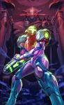  1girl absurdres arm_cannon armor glowing glowing_eyes gun helmet highres looking_at_viewer looking_up metroid metroid_dread power_armor power_suit raven_beak_(metroid) red_eyes samus_aran science_fiction simple_background solo upper_body weapon yasukuni_kazumasa 