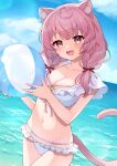  1girl :d animal_ear_fluff animal_ears ball bangs bare_arms beachball bikini blue_sky blush breasts cat_ears cat_girl cat_tail cleavage cloud collarbone commentary_request commission day eyebrows_visible_through_hair frilled_bikini frills hair_over_shoulder holding holding_ball horizon indie_virtual_youtuber izumiya_konomi looking_at_viewer low_twintails medium_breasts ocean open_mouth outdoors pink_hair purple_eyes skeb_commission sky smile solo swimsuit tail twintails water white_bikini yamabukiiro 