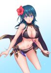 1girl alternate_costume bangs belt bikini black_belt black_bikini black_cape black_swimsuit blue_background blue_eyes blue_hair bracelet breasts byleth_(fire_emblem) byleth_(fire_emblem)_(female) cape cleavage commentary_request cropped_legs eyebrows_visible_through_hair fire_emblem fire_emblem:_three_houses fire_emblem_heroes flower gradient gradient_background hair_flower hair_ornament halterneck hibiscus highres jewelry knife large_breasts long_hair looking_at_viewer navel official_alternate_costume parted_lips red_flower sheath sheathed solo sparkle standing suzuhiro swimsuit tassel 