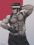  1boy abs arm_hair armpit_hair bara beard black_hair buzz_cut chest_hair facial_hair feet_out_of_frame golden_kamuy hairy hat kepi large_pectorals long_sideburns looking_to_the_side male_focus military_hat muscular muscular_male navel navel_hair nipples nopinzo pectorals short_hair sideburns solo stomach suspenders tanigaki_genjirou thick_eyebrows topless_male very_short_hair 