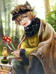  1boy black_pants black_scarf blonde_hair blue_eyes day fang fang_out food hasura_(coconutice) highres hyena_boy hyena_ears looking_at_viewer male_focus mushroom open_mouth outdoors pants ruggie_bucchi scarf shirt short_hair sitting smile solo twisted_wonderland white_shirt 