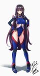  1girl absurdres black_hair black_hairband blue_eyes blue_leotard blue_thighhighs code_geass code_geass:_lost_stories commentary_request commission full_body hairband hands_on_own_hips highleg highleg_leotard highres lace-trimmed_hairband lace_trim leotard long_hair long_sleeves looking_at_viewer maya_disel pilot_suit pixiv_commission sidelocks simple_background solo thighhighs very_long_hair white_background yoo_tenchi 
