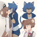  1boy 1girl :d animal_ears assertive_female blush cat_ears cat_girl cat_tail collar crossdressing dark-skinned_female dark_skin english_commentary eye_contact fang fingerless_gloves flying_sweatdrops genderswap genderswap_(mtf) gloves grabbing_another&#039;s_chin grin hand_on_another&#039;s_chin heart hetero highres jerry_(tom_and_jerry) kabedon looking_at_another mouse_boy mouse_ears nervous nose_blush open_mouth original otoko_no_ko personification pun short_hair sky_guy_art smile spiked_collar spikes sweatdrop tail tom_(tom_and_jerry) tom_and_jerry tomboy twitter_username v-shaped_eyebrows 