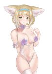  1girl :o absurdres animal_ear_fluff animal_ears arknights arm_behind_back bangs bare_shoulders blonde_hair blush braid breasts center_opening cleavage cowboy_shot detached_collar eyebrows_visible_through_hair flower fox_ears green_eyes hair_rings highres katyusha_(2327119280) large_breasts looking_at_viewer navel no_tail older parted_lips purple_flower revealing_clothes short_hair simple_background solo stomach suzuran_(arknights) thighhighs white_background white_legwear 