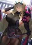 1girl absurdres armor bangs big_hair black_gloves blonde_hair blurry blurry_background breasts brown_legwear chain closed_mouth covered_navel cowboy_shot crossed_bangs depth_of_field fairy_knight_gawain_(fate) fate/grand_order fate_(series) gloves green_eyes hair_between_eyes hairband hand_up heterochromia highres huge_breasts jewelry long_hair looking_at_viewer muscular muscular_female necklace nvl pantyhose pauldrons pelvic_curtain pink_eyes shoulder_armor signature single_pauldron smile solo standing thick_thighs thighs 