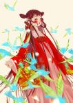  1girl absurdly_long_hair bird blue_bird blunt_bangs blush brown_eyes brown_hair chinese_clothes chinese_commentary commentary_request double_bun earrings eyelashes facial_mark feet_out_of_frame flock forehead_mark hair_bun hair_ribbon hanfu highres jewelry layered_sleeves lipstick long_hair long_sleeves looking_ahead makeup multicolored_eyeshadow nail_polish open_mouth original pink_hanfu pom_pom_(clothes) red_lips red_nails red_robe ribbon robe sleeves_past_wrists solo standing straight_hair thick_eyebrows triangle very_long_hair wide_sleeves xuzhibai yellow_background 