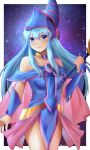  1girl absurdres aqua_hair armor bare_shoulders blush breastplate breasts cape cleavage cosplay dark_magician_girl dark_magician_girl_(cosplay) doiparuni eirika_(fire_emblem) fire_emblem fire_emblem:_the_sacred_stones hat highres long_hair looking_at_viewer simple_background skirt smile solo staff weapon yu-gi-oh! 