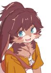  1girl absurdres alien animal_ears bangs blue_eyes blush brown_hair eyebrows_visible_through_hair furry furry_female highres kagarimachi_konatsu leaning_forward looking_to_the_side lop_(star_wars) open_mouth ponytail rabbit_ears rabbit_girl smile solo star_wars star_wars:_visions thick_eyebrows white_background 